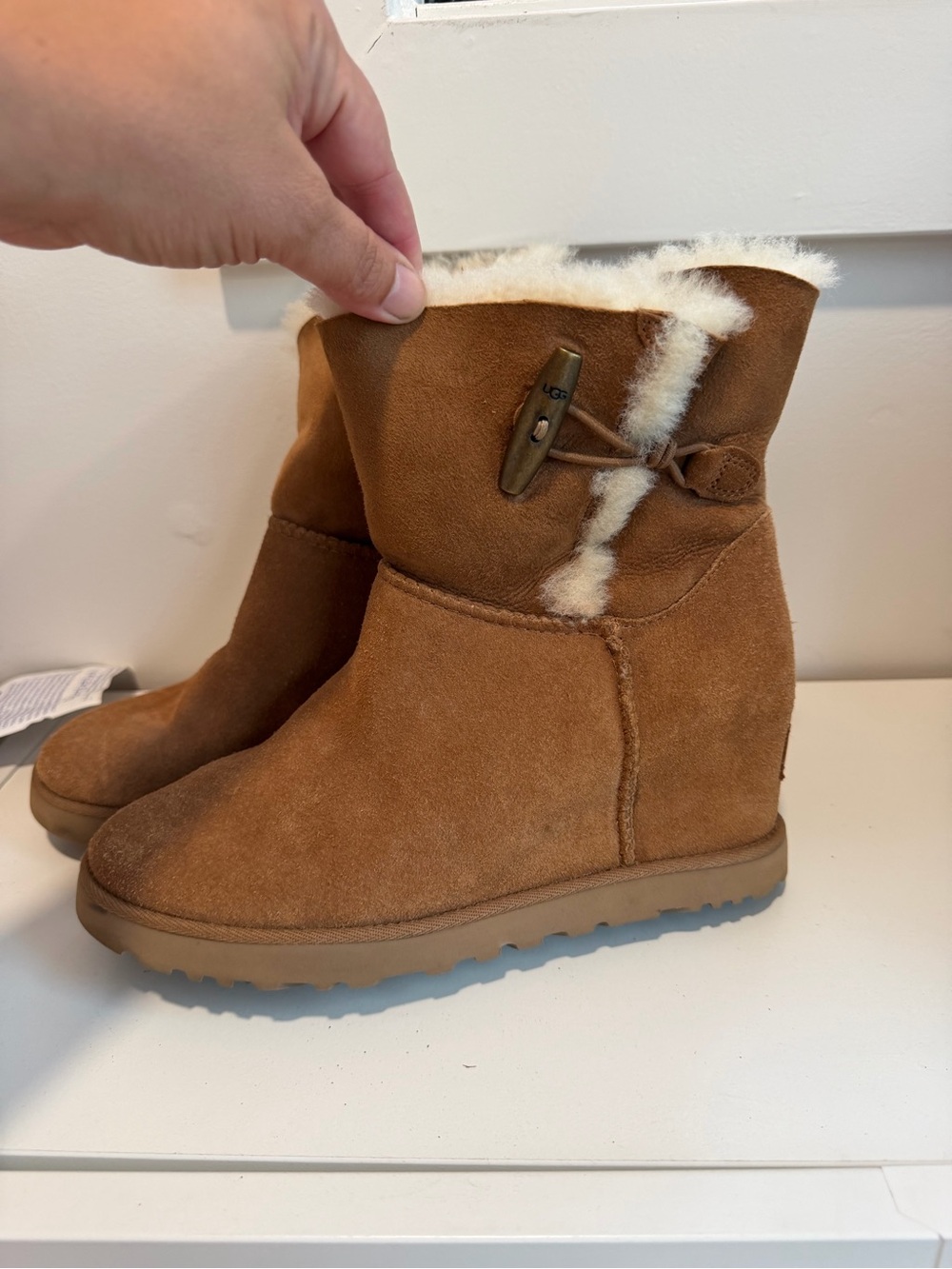 UGG Chestnut Suede Shearling Toggle wedge heel boot